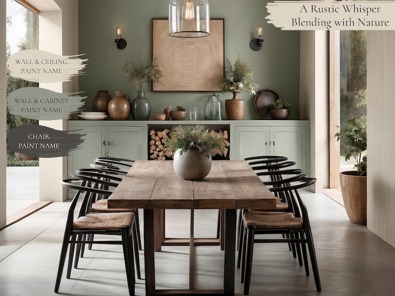 K&ouml;nnte beinhalten: Ein Esszimmer mit einem Holztisch und St&uuml;hlen, einer gr&uuml;nen Wand und einem gerahmten Bild &uuml;ber dem Tisch. Der Text "A Rustic Whisper Blending with Nature" wird &uuml;ber dem Bild angezeigt.