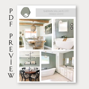May include: A collage of four images showcasing a green paint color, "Sherwin Williams", with different interior design elements, including a dining room, a bathroom with a freestanding tub, and a bathroom with a double vanity.