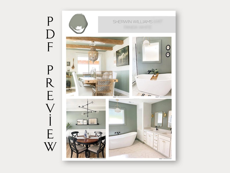 May include: A collage of four images showcasing a green paint color, "Sherwin Williams", with different interior design elements, including a dining room, a bathroom with a freestanding tub, and a bathroom with a double vanity.