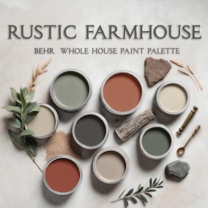 Rustic Farmhouse Paint Palette, Behr Paint Colors, Modern Rustic House, Whole House Paint Palette, Modern Rustic Scheme, Rustic Neutral Home