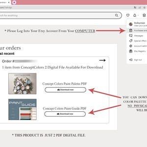 Screenshot of an Etsy order confirmation page showing the Cottagecore Concept Colors Paint Palette and Paint Guide PDF files available for instant download, confirming this Sherwin Williams Cottagecore paint color palette listing is a digital file only with no physical product shipped.