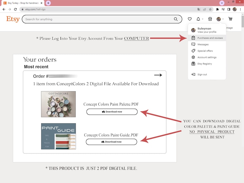 Screenshot of an Etsy order confirmation page showing the Cottagecore Concept Colors Paint Palette and Paint Guide PDF files available for instant download, confirming this Sherwin Williams Cottagecore paint color palette listing is a digital file only with no physical product shipped.
