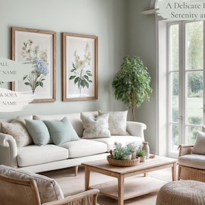 Cottagecore living room titled "A Delicate Balance of Serenity and Light," featuring SW 6204 Sea Salt walls, a white sofa, botanical prints, a coffee table, and a wicker chair. This Sherwin Williams Cottagecore paint palette pairs Sea Salt green with soft neutrals for a serene, light-filled countryside living space.
