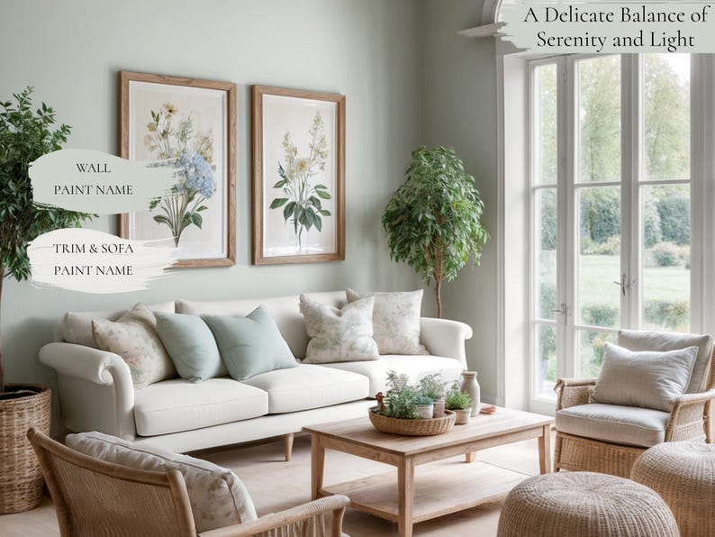 Cottagecore living room titled "A Delicate Balance of Serenity and Light," featuring SW 6204 Sea Salt walls, a white sofa, botanical prints, a coffee table, and a wicker chair. This Sherwin Williams Cottagecore paint palette pairs Sea Salt green with soft neutrals for a serene, light-filled countryside living space.