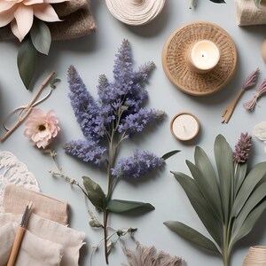 Cottagecore moodboard featuring lavender flowers, candles, lace trim, and floral fabric swatches arranged to reflect the soft, romantic tones of the Sherwin Williams Cottagecore paint palette, including Lite Lavender and Insightful Rose hues. This flat lay captures the natural, countryside charm behind the Cottagecore color scheme.