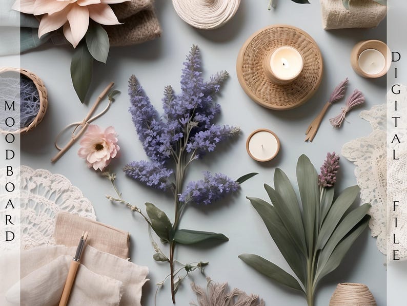 Cottagecore moodboard featuring lavender flowers, candles, lace trim, and floral fabric swatches arranged to reflect the soft, romantic tones of the Sherwin Williams Cottagecore paint palette, including Lite Lavender and Insightful Rose hues. This flat lay captures the natural, countryside charm behind the Cottagecore color scheme.