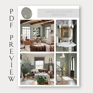 May include: A Sherwin Williams paint color swatch card with the color "Agreeable Gray" displayed. The card shows four different interior design spaces painted in this color, including a living room, bathroom, hallway, and entryway.