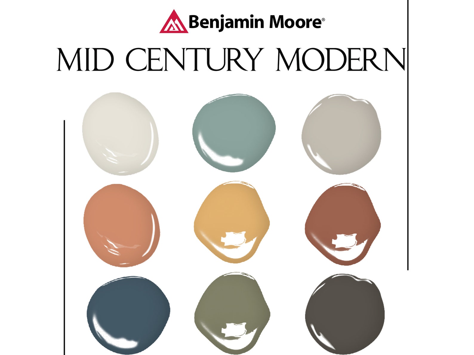 Mid Century Modern Palette, Benjamin Moore, Interior Paint Scheme, Mid Century Modern Paint