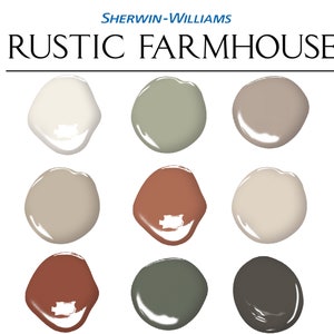 Rustic Farmhouse Paint Palette, Sherwin Williams, Whole House Paint Colors, Rustic Color Palette, Modern Rustic Farmhouse Paint Colors