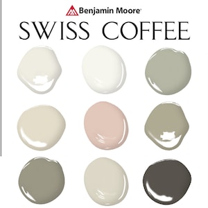 Swiss Coffee Coordinating Colors, Benjamin Moore, Neutral Home Color Palette, Whole House Paint Palette, Swiss Coffee Cabinets, OC-45