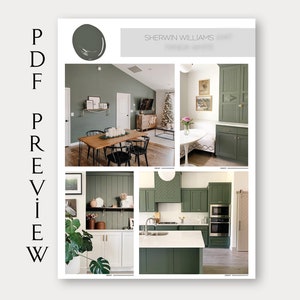 A collection of interiors featuring Sherwin Williams Pewter Green SW 6208, one of the coordinating colors in the Agreeable Gray SW 7029 whole house paint palette. The images showcase green kitchen cabinets, built-in cabinetry, dining spaces, and complementary sage green paint ideas that pair beautifully with warm greige walls and modern neutral interiors.
