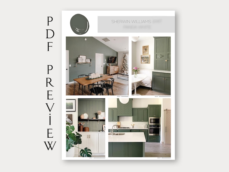 A collection of interiors featuring Sherwin Williams Pewter Green SW 6208, one of the coordinating colors in the Agreeable Gray SW 7029 whole house paint palette. The images showcase green kitchen cabinets, built-in cabinetry, dining spaces, and complementary sage green paint ideas that pair beautifully with warm greige walls and modern neutral interiors.