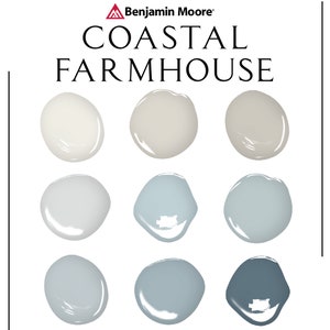 Coastal Farmhouse Paint Palette, Benjamin Moore, Coastal Farmhouse Color Scheme, Whole House Paint Colors, Home Wall Trim Colors