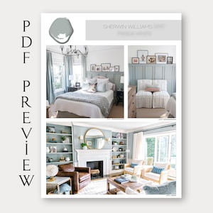 May include: A collage of three images showcasing a living room, bedroom, and a bedroom with a headboard. The walls are painted in a light blue color, "Sherwin Williams" is written at the top of the page. The paint color is shown in a paint swatch in the top left corner.
