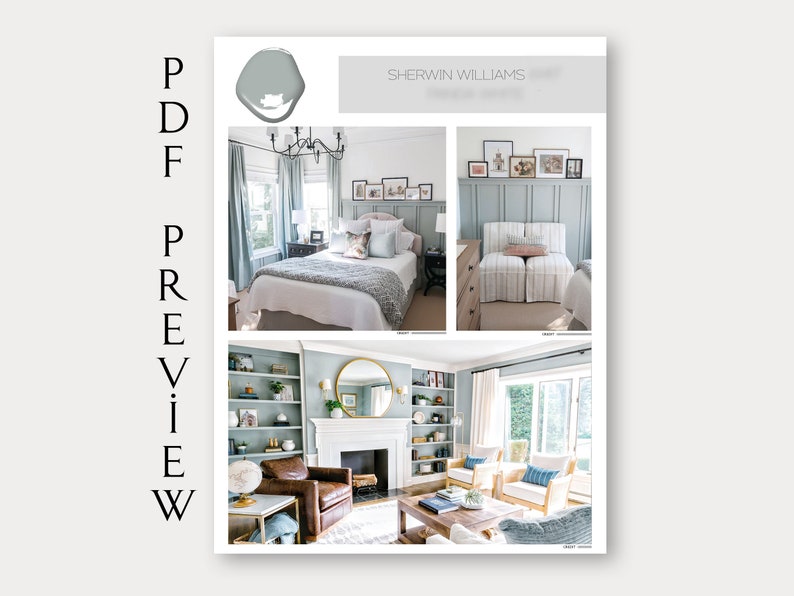 May include: A collage of three images showcasing a living room, bedroom, and a bedroom with a headboard. The walls are painted in a light blue color, "Sherwin Williams" is written at the top of the page. The paint color is shown in a paint swatch in the top left corner.