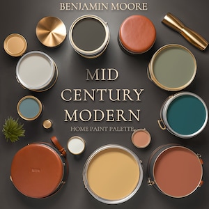 Benjamin Moore, Mid Century Modern Palette, Home Paint Scheme, Mid-Century Modern Paint Palette, Whole House Paint Color, Coordinating Color