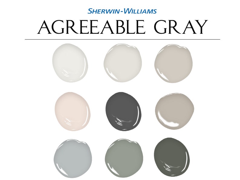 Sherwin Williams Agreeable Gray SW 7029 whole house paint palette arranged in a clean designer layout. Color palette includes Pure White SW 7005, Origami White SW 7636, Intimate White SW 6322, Peppercorn SW 7674, Anew Gray SW 7030, Samovar Silver SW 6233, Acacia Haze SW 9132, and Pewter Green SW 6208. A complementary whole house color scheme with warm greige, soft white, sage green, and timeless neutral paint colors for modern interiors, home wall and trim colors, and relaxing home design.