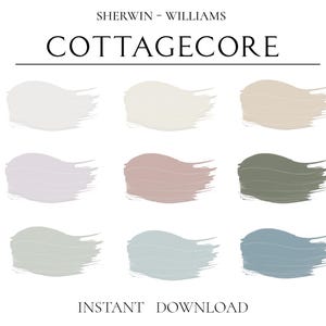 Cottagecore paint color swatch chart by Sherwin Williams, showing nine coordinating samples in soft white, lavender, rose, thyme green, sea salt, and powder blue tones. This digital Cottagecore color palette includes SW 9542 Natural White, SW 7008 Alabaster, SW 9109 Natural Linen, SW 6554 Lite Lavender, SW 6023 Insightful Rose, SW 6186 Dried Thyme, SW 6204 Sea Salt, SW 6218 Tradewind, and SW 2863 Powder Blue, offered as an instant