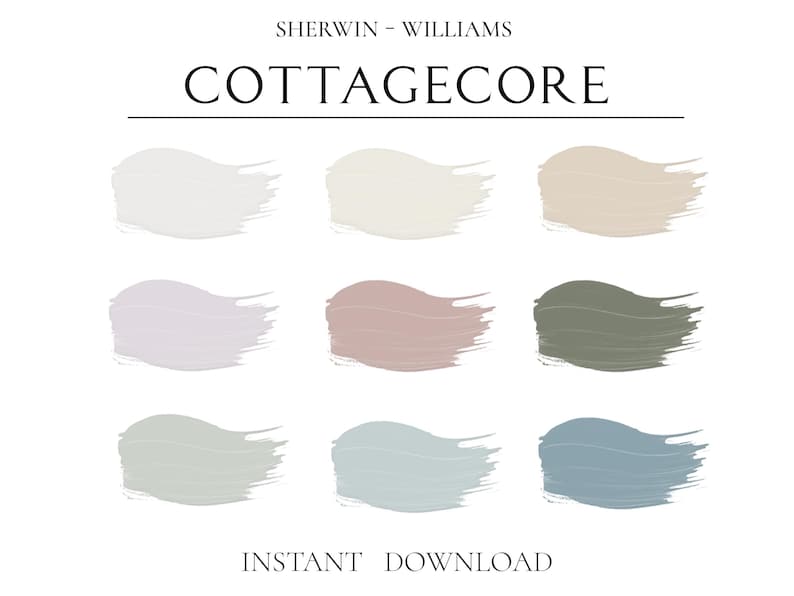 Cottagecore paint color swatch chart by Sherwin Williams, showing nine coordinating samples in soft white, lavender, rose, thyme green, sea salt, and powder blue tones. This digital Cottagecore color palette includes SW 9542 Natural White, SW 7008 Alabaster, SW 9109 Natural Linen, SW 6554 Lite Lavender, SW 6023 Insightful Rose, SW 6186 Dried Thyme, SW 6204 Sea Salt, SW 6218 Tradewind, and SW 2863 Powder Blue, offered as an instant
