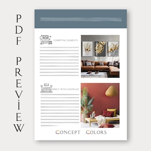 May include: A printable worksheet with two interior design concepts. The first concept features a living room with a brown sectional sofa, a coffee table, and three gold framed wall art pieces. The second concept features a living room with a red wall, a wicker sofa, and a woven pendant light. The worksheet includes the text "Competing Elements" and "Effect with Contrast".
