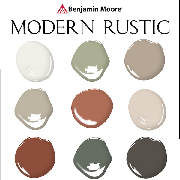 Modern Rustic Paint Palette, Benjamin Moore, Whole House Paint Colors, Rustic Farmhouse, Rustic Color Palette, Modern Rustic Paint Colors,