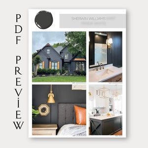 May include: A mood board featuring a black exterior house with gold accents, a bathroom with a black vanity and gold fixtures, a bedroom with a black wall and gold light fixture, and a kitchen with white cabinets and a black island. The mood board is titled "Sherwin Williams".
