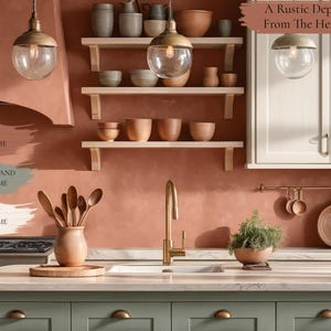 K&ouml;nnte beinhalten: Eine K&uuml;che mit einer terracottafarbenen Wand, wei&szlig;en Schr&auml;nken und einer gr&uuml;nen Insel. Die Insel hat ein wei&szlig;es Sp&uuml;lbecken und einen goldenen Wasserhahn. Auf der Arbeitsplatte stehen Holzl&ouml;ffel in einer Holzsch&uuml;ssel. Der Text "A Rustic Depth Rising From The Heart of Soil" ist an der Wand angebracht.