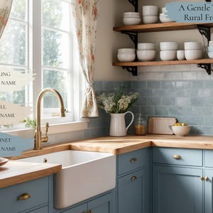 Cottagecore kitchen titled "A Gentle Touch of Rural Freshness," featuring SW 6218 Tradewind cabinets, a farmhouse sink, a wood countertop, and matching light blue tile walls with a white ceiling. This Sherwin Williams Cottagecore color scheme uses Tradewind blue for a fresh, rural-inspired kitchen design.