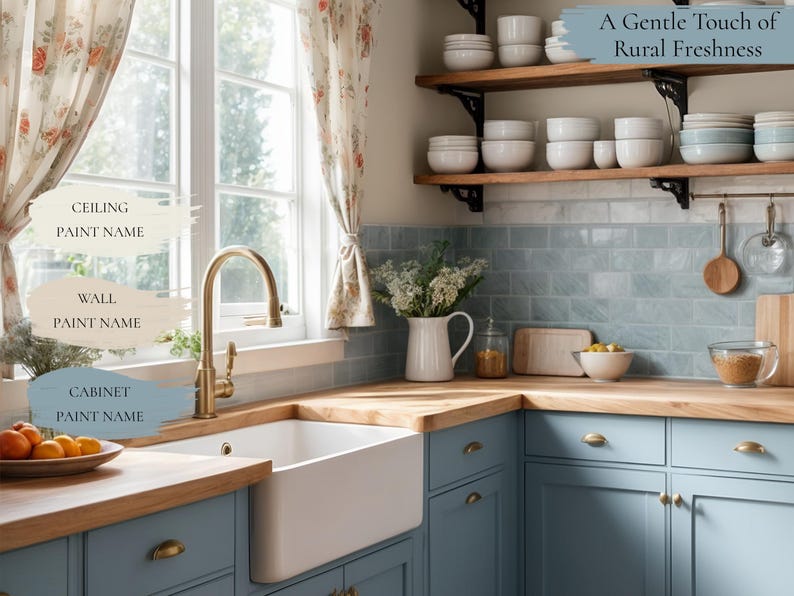 Cottagecore kitchen titled "A Gentle Touch of Rural Freshness," featuring SW 6218 Tradewind cabinets, a farmhouse sink, a wood countertop, and matching light blue tile walls with a white ceiling. This Sherwin Williams Cottagecore color scheme uses Tradewind blue for a fresh, rural-inspired kitchen design.