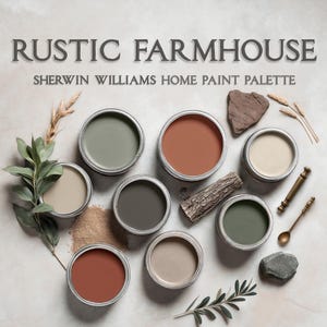 Rustic Farmhouse Paint Palette, Sherwin Williams, Modern Rustic House, Whole House Paint Palette, Modern Rustic Scheme, Rustic Neutral House