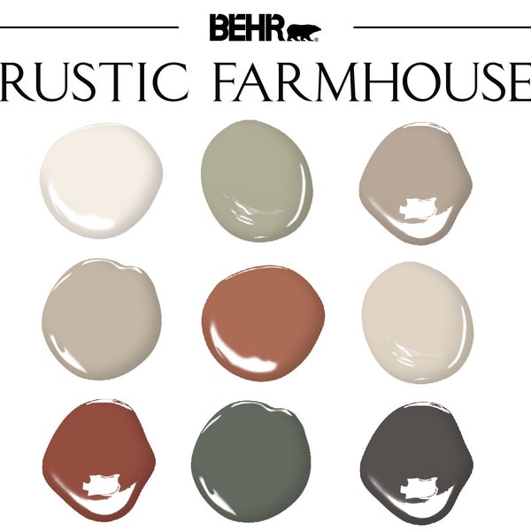 Rustic Farmhouse Paint Palette, Behr, Paint Guide, Whole House Paint Color, Rustic Farmhouse, Rustic Color Scheme, Modern Rustic Paint Color