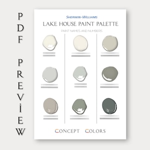 May include: A paint color palette with nine paint swatches in three rows of three. The swatches are labeled "Lake House Paint Palette" and "Sherwin-Williams". The colors are white, light gray, gray, beige, light green, dark green, and dark gray.