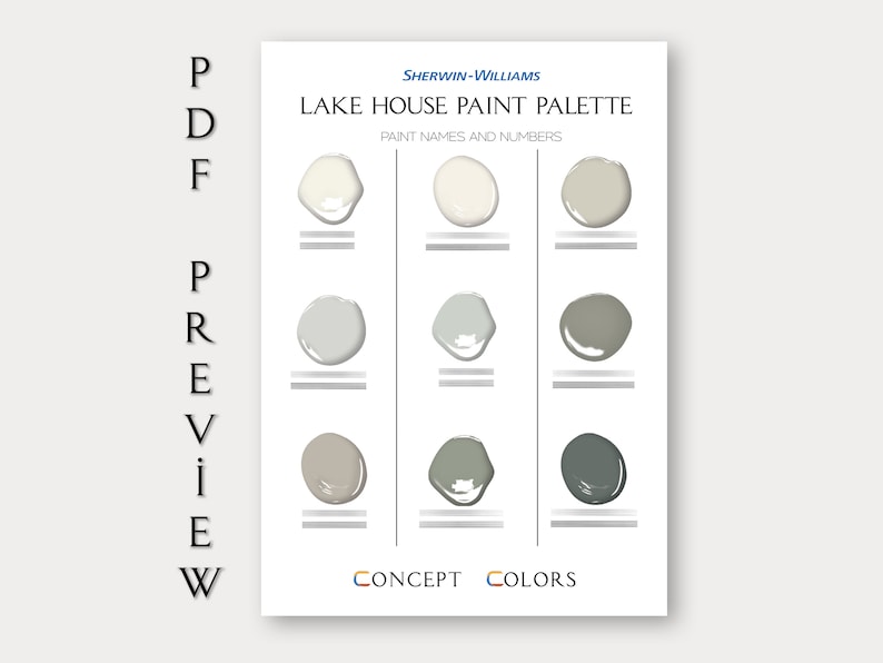 May include: A paint color palette with nine paint swatches in three rows of three. The swatches are labeled "Lake House Paint Palette" and "Sherwin-Williams". The colors are white, light gray, gray, beige, light green, dark green, and dark gray.