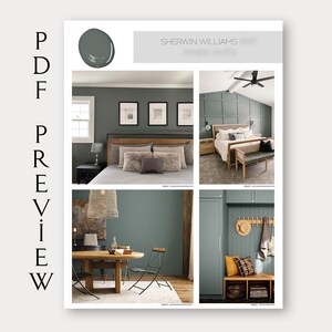 May include: A mood board featuring four different rooms painted in a dark green color, "Sherwin Williams" is written at the top of the board.
