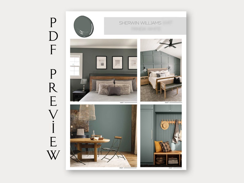 May include: A mood board featuring four different rooms painted in a dark green color, "Sherwin Williams" is written at the top of the board.