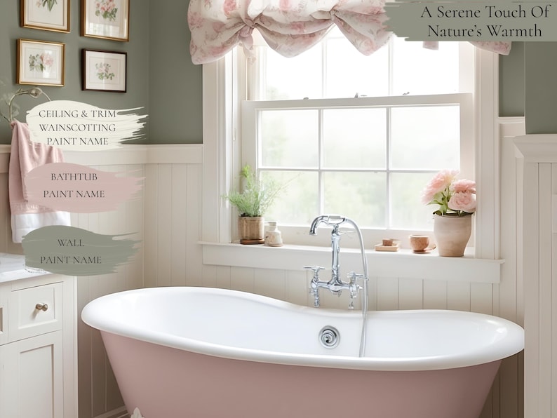 Pu&ograve; includere: Un bagno con una vasca da bagno a zampe bianche dipinta di rosa tenue. Le pareti sono dipinte di verde chiaro e il rivestimento &egrave; bianco. La finestra ha una tenda a valance floreale e una vista sull'esterno. Il testo "A Serene Touch Of Nature's Warmth" &egrave; in alto nell'immagine.