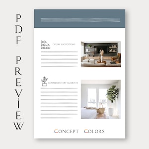 Pode incluir: Uma folha de trabalho de design de interiores imprim&iacute;vel com duas imagens de quartos. A folha de trabalho inclui se&ccedil;&otilde;es para "Sugest&otilde;es de cores" e "Elementos complementares". O texto "CONCEPT COLORS" est&aacute; na parte inferior da p&aacute;gina.