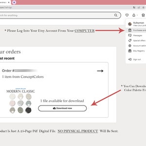 May include: A screenshot of an Etsy order confirmation page showing a digital download of a color palette. The palette is labeled "MODERN CLASSIC" and includes 10 color swatches. The download button is labeled "Download now".