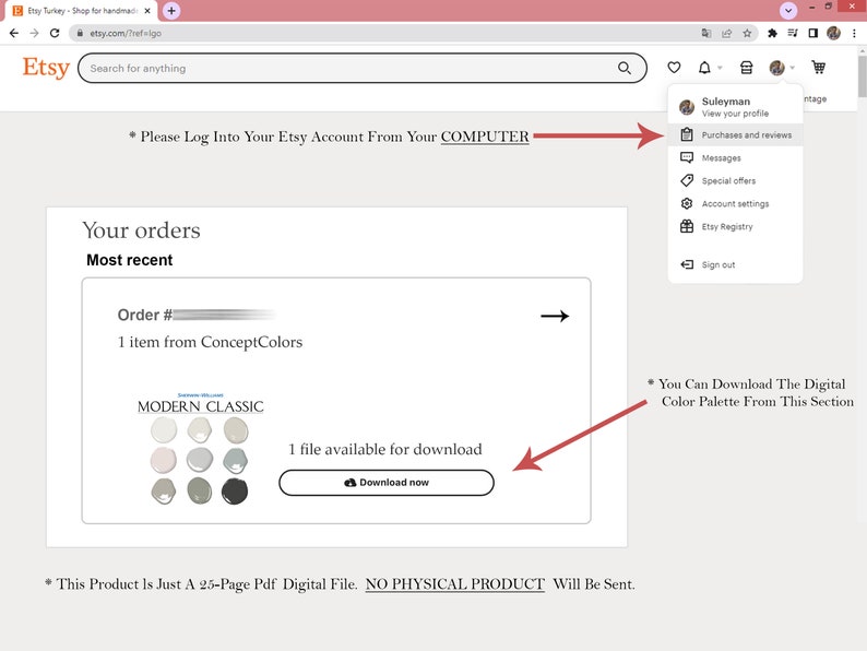 May include: A screenshot of an Etsy order confirmation page showing a digital download of a color palette. The palette is labeled "MODERN CLASSIC" and includes 10 color swatches. The download button is labeled "Download now".