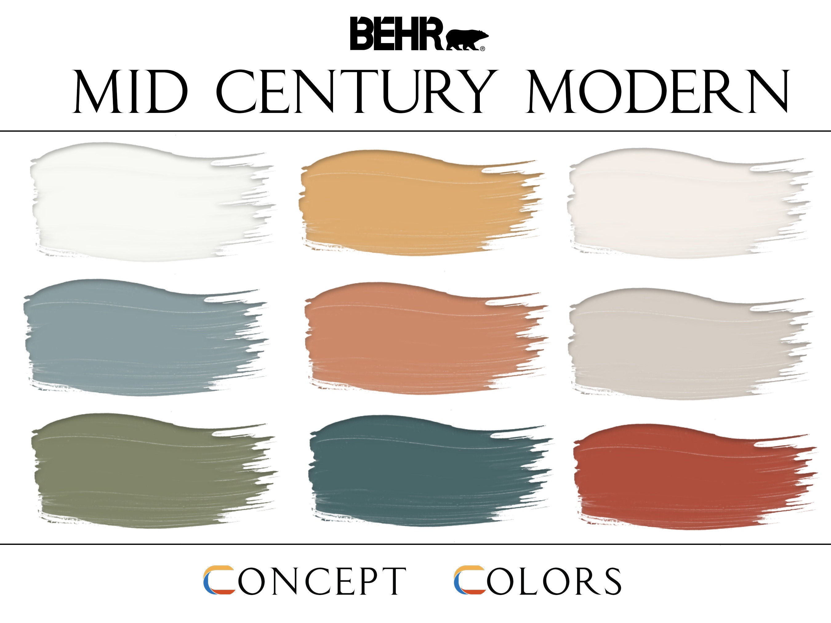 Behr Mid Century Modern Palette, Interior Paint Scheme, Mid Century