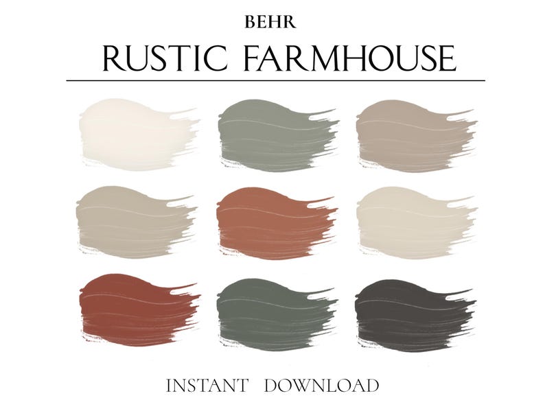 K&ouml;nnte beinhalten: Eine Farbpalette mit dem Titel "BEHR RUSTIC FARMHOUSE". Die Palette enth&auml;lt neun Farbmuster in verschiedenen Braunt&ouml;nen, Graut&ouml;nen und Wei&szlig;t&ouml;nen.