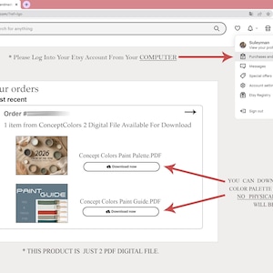 May include: Screenshot of an Etsy order confirmation page. The page displays two downloadable PDF files: "Concept Colors Paint Palette.PDF" and "Concept Colors Paint Guide.PDF". Text indicates the product is a digital file, with no physical product sent.