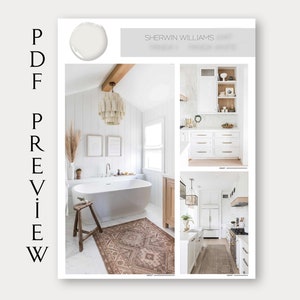May include: A white bathroom with a freestanding bathtub, a wooden stool, and a rug. The walls are white shiplap and there is a wooden beam across the ceiling. The text "SHERWIN WILLIAMS" is visible at the top of the image.