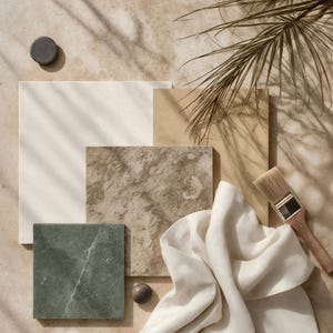 May include: A neutral-toned mood board with various textures and materials. Includes square tiles in cream, beige, and green, a paintbrush, a folded white cloth, and small decorative objects. The words "DIGITAL FILE" and "MOOD BOARD" are visible.