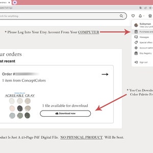 An Etsy digital download confirmation displaying the Sherwin Williams Agreeable Gray SW 7029 home paint palette with two downloadable PDF files: Concept Colors Paint Palette and Concept Colors Paint Guide. This digital whole house paint guide includes coordinating paint colors, paint names and codes, home wall and trim color recommendations, paint sheen guidance, interior house paint planning, and architect-designed neutral color schemes for modern, cozy, and timeless home interiors.