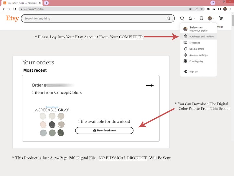 An Etsy digital download confirmation displaying the Sherwin Williams Agreeable Gray SW 7029 home paint palette with two downloadable PDF files: Concept Colors Paint Palette and Concept Colors Paint Guide. This digital whole house paint guide includes coordinating paint colors, paint names and codes, home wall and trim color recommendations, paint sheen guidance, interior house paint planning, and architect-designed neutral color schemes for modern, cozy, and timeless home interiors.