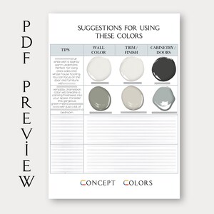 May include: A printable worksheet with color swatches and tips for using different paint colors in a home. The worksheet includes suggestions for wall color, trim finish, and cabinetry/doors. The text "CONCEPT COLORS" is at the bottom of the page.