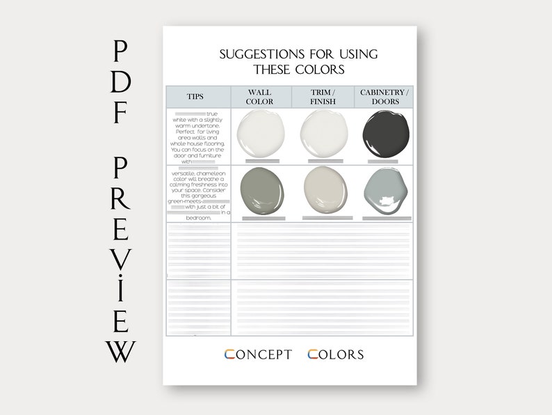May include: A printable worksheet with color swatches and tips for using different paint colors in a home. The worksheet includes suggestions for wall color, trim finish, and cabinetry/doors. The text "CONCEPT COLORS" is at the bottom of the page.