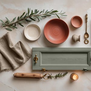 K&ouml;nnte beinhalten: Eine Stillleben-Flachlage mit einer Auswahl an K&uuml;chenartikeln, darunter ein Nudelholz aus Holz, eine Keramiksch&uuml;ssel, eine kleine Keramikschale, ein Holzl&ouml;ffel, ein Metallknopf, ein kleines Keramikgef&auml;&szlig;, eine Kerze, ein Rosmarinzweig, eine Leinen-Serviette und eine gr&uuml;n lackierte Schrankt&uuml;r. Der Text "MOOD BOARD" ist vertikal auf der linken Seite des Bildes geschrieben und der Text "DIGITAL FILE" ist vertikal auf der rechten Seite des Bildes geschrieben.
