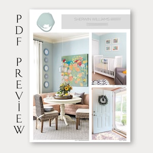 Pode incluir: Uma amostra de tinta de cor azul claro com o texto "SHERWIN WILLIAMS" acima. A imagem mostra quatro quartos diferentes pintados na mesma cor azul claro. Os quartos incluem uma sala de jantar, um quarto de beb&ecirc;, uma porta de entrada e uma sala de estar.